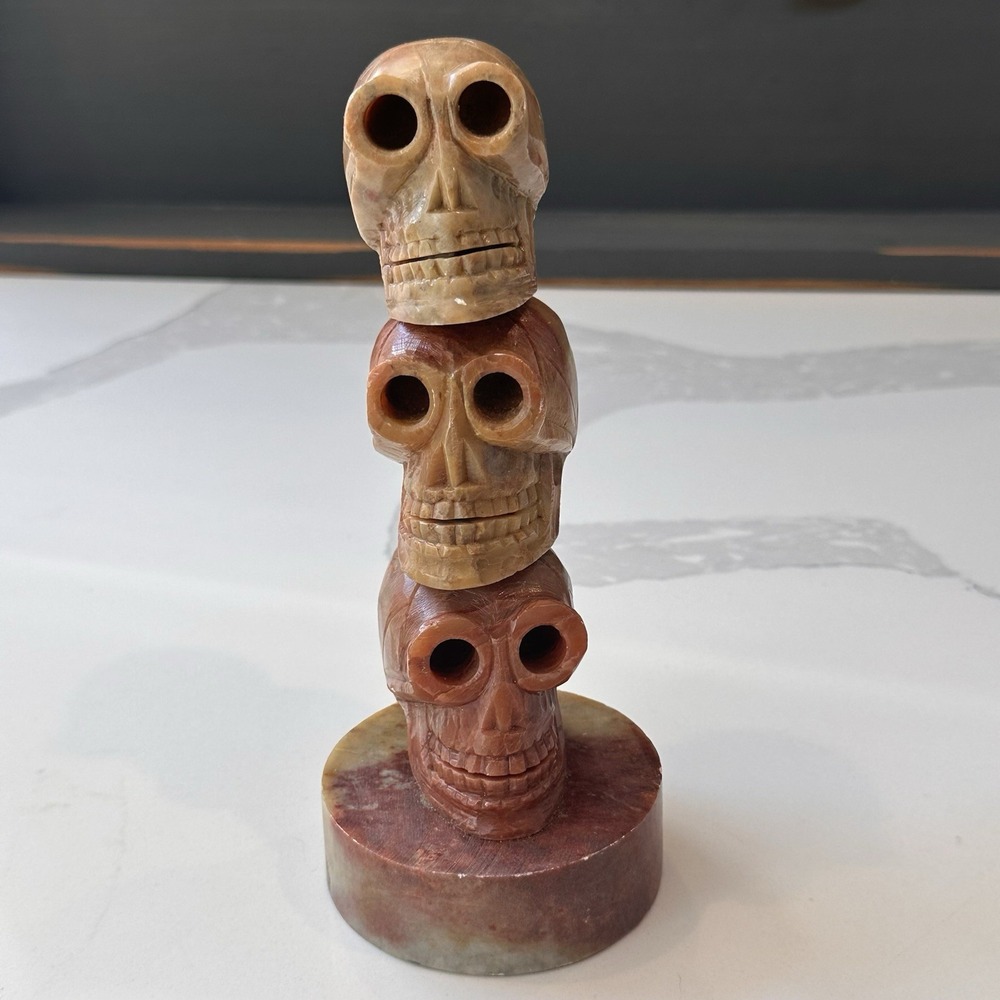 7.5" Hand-Carved Indian Soapstone Stacked Skull Totem – Earthy Boho Gothic Decor